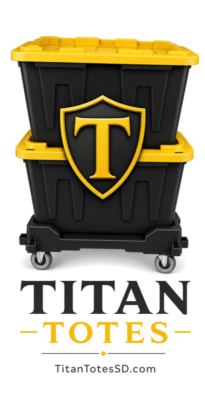 Titan Totes LLC logo: two stacked black totes with yellow lids on a dolly, above the words Titan Totes