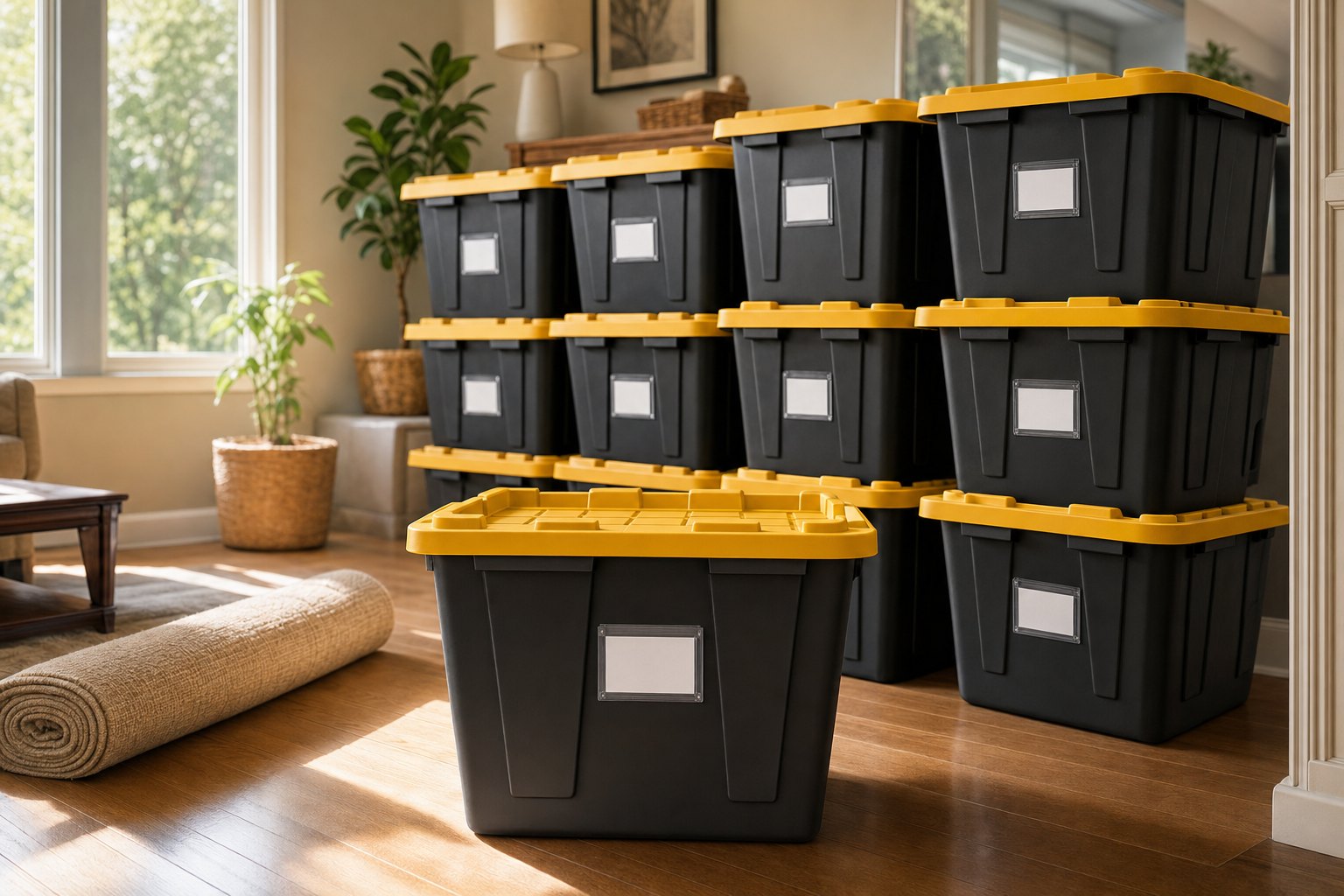 Thirty black Titan Totes with yellow lids stacked in a client's living room, each with a card sleeve on the front