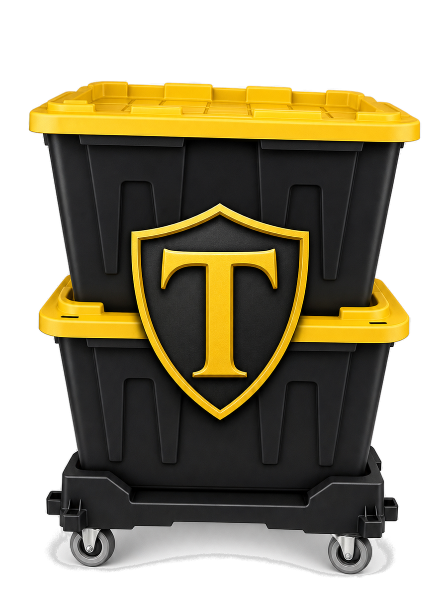 Two black Titan Totes moving totes with yellow lids, stacked on a rolling dolly